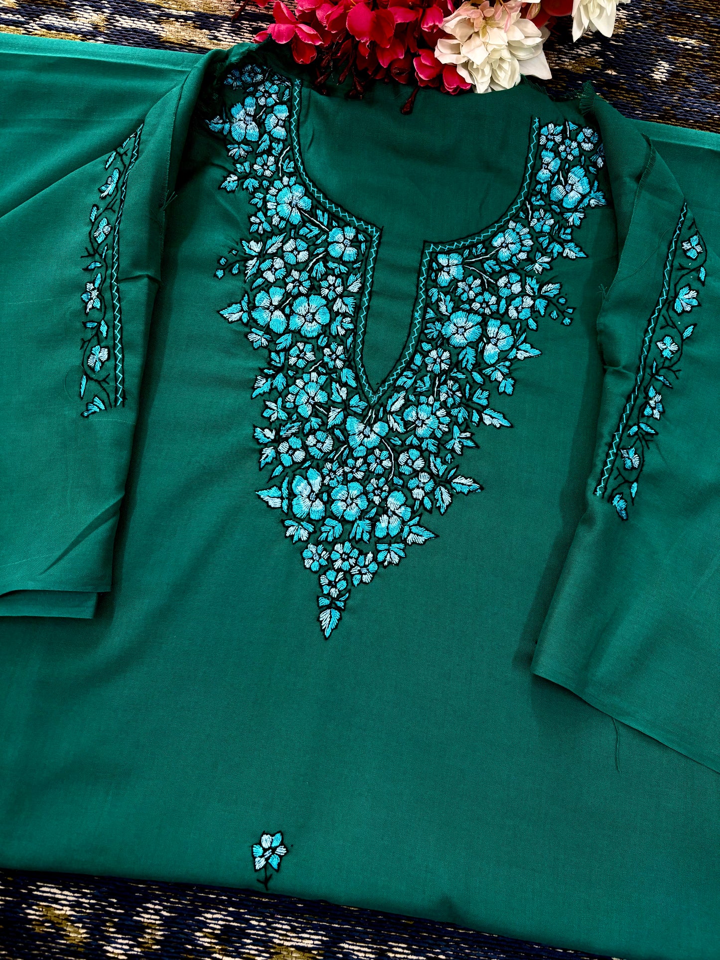 Cotton Green Needle Work Two Piece Set (Hand Embroidered)