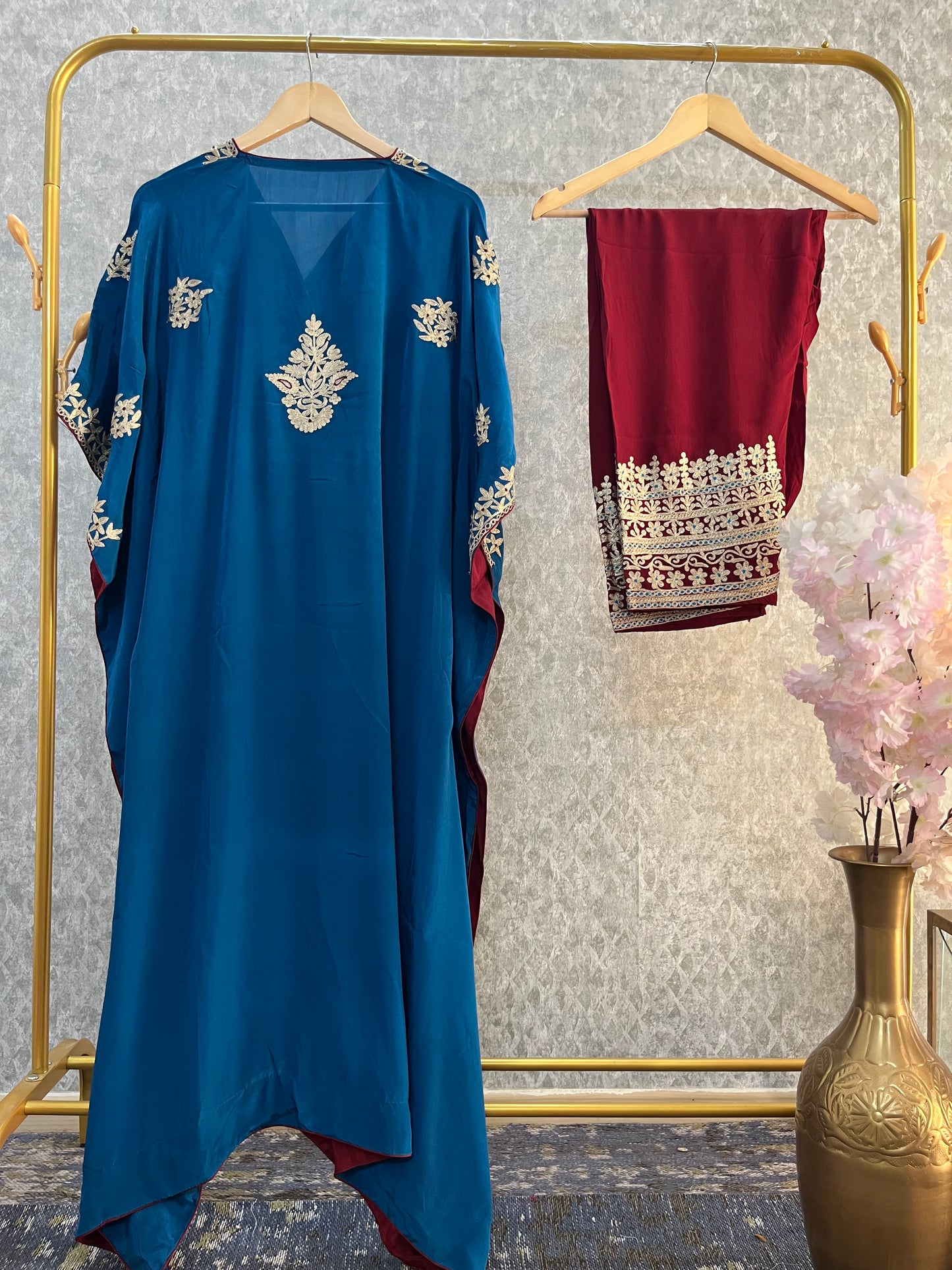 Peacock Blue Crape Kashmiri Kaftan Set size (44)