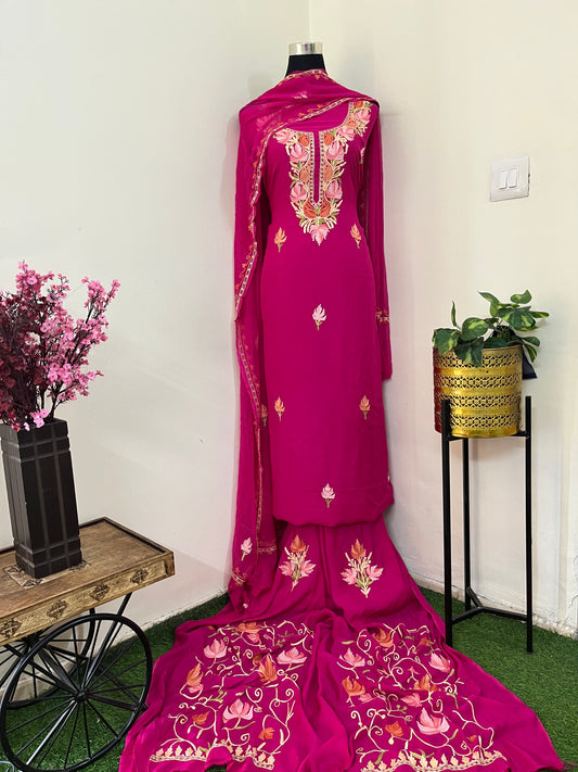 Hot Pink Muslin Cotton Jaal Sleeves Kashmiri 3pc Suit
