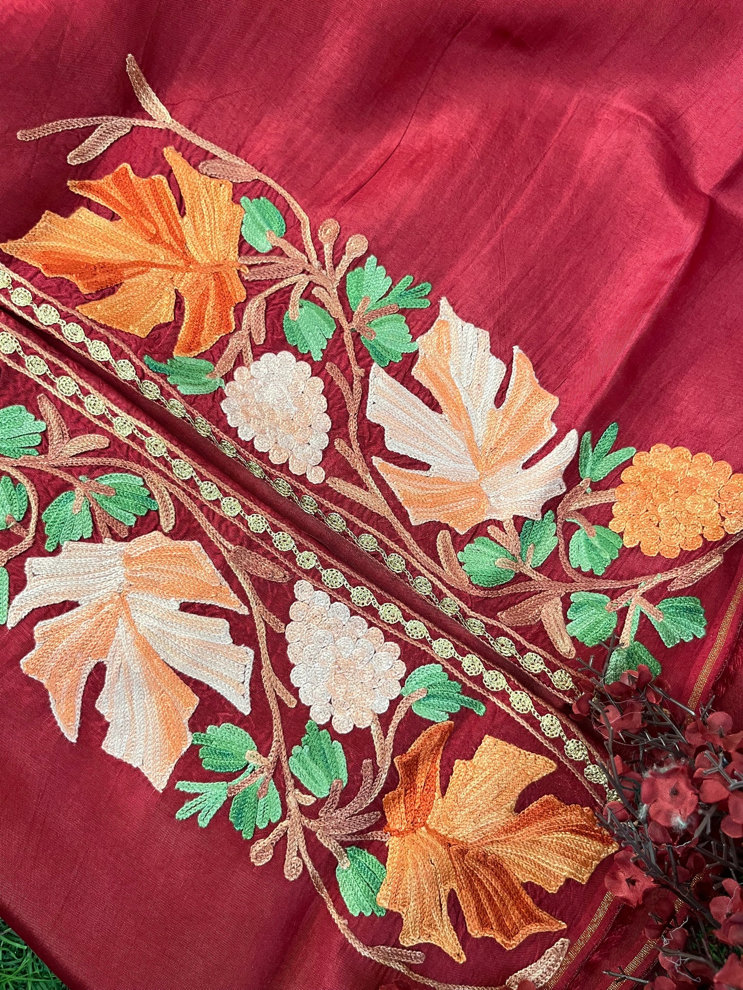 Maroon Opada Silk Aari Embroidered Suit material