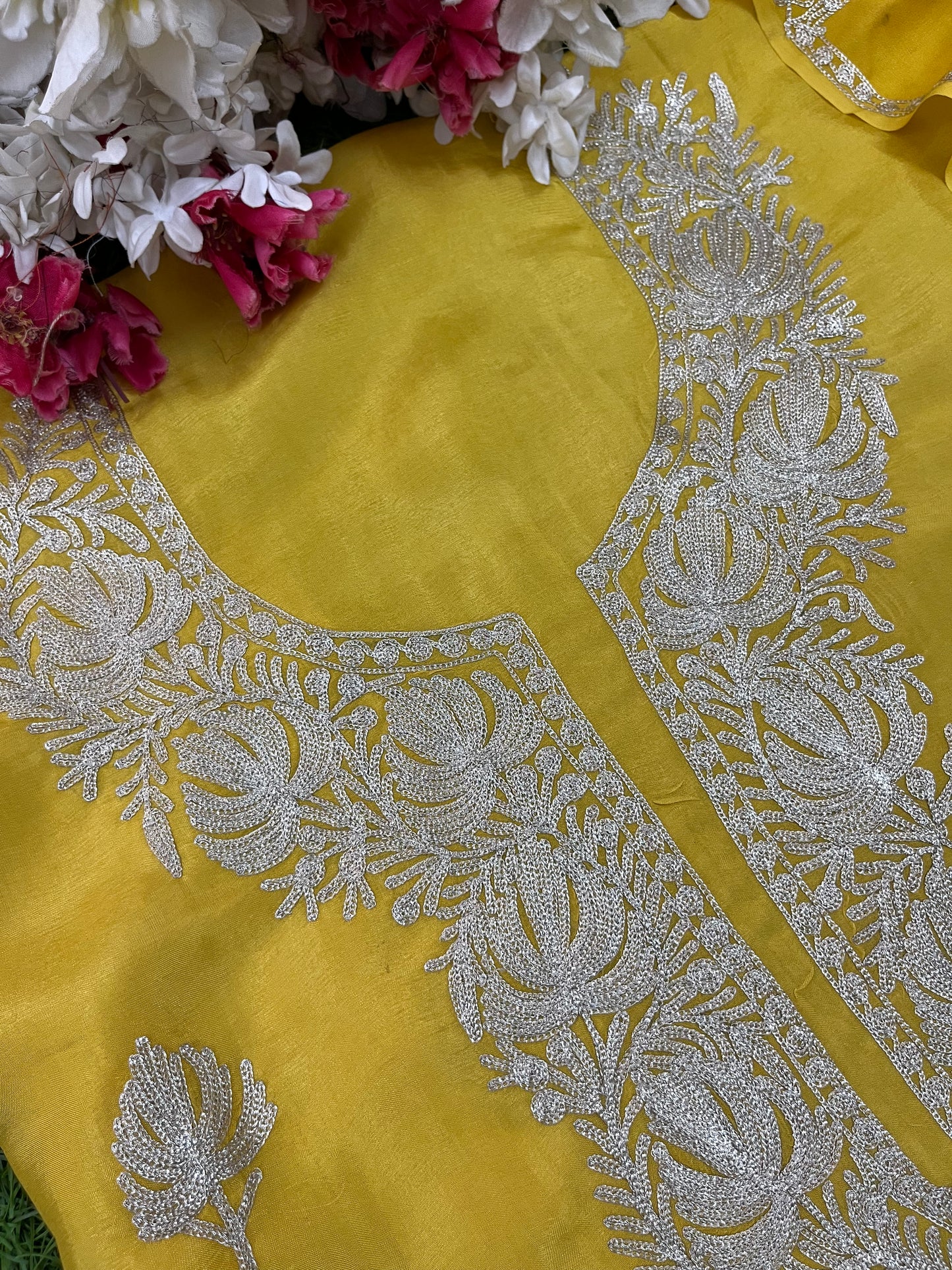 Sanam Golden Yellow Silk Kashmiri Suit with Potli