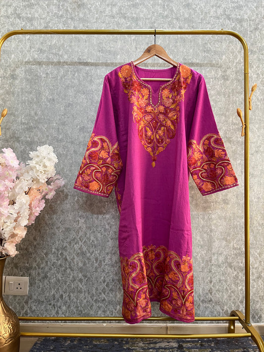 Rose Pink Aari Embroidered Wool Pheran