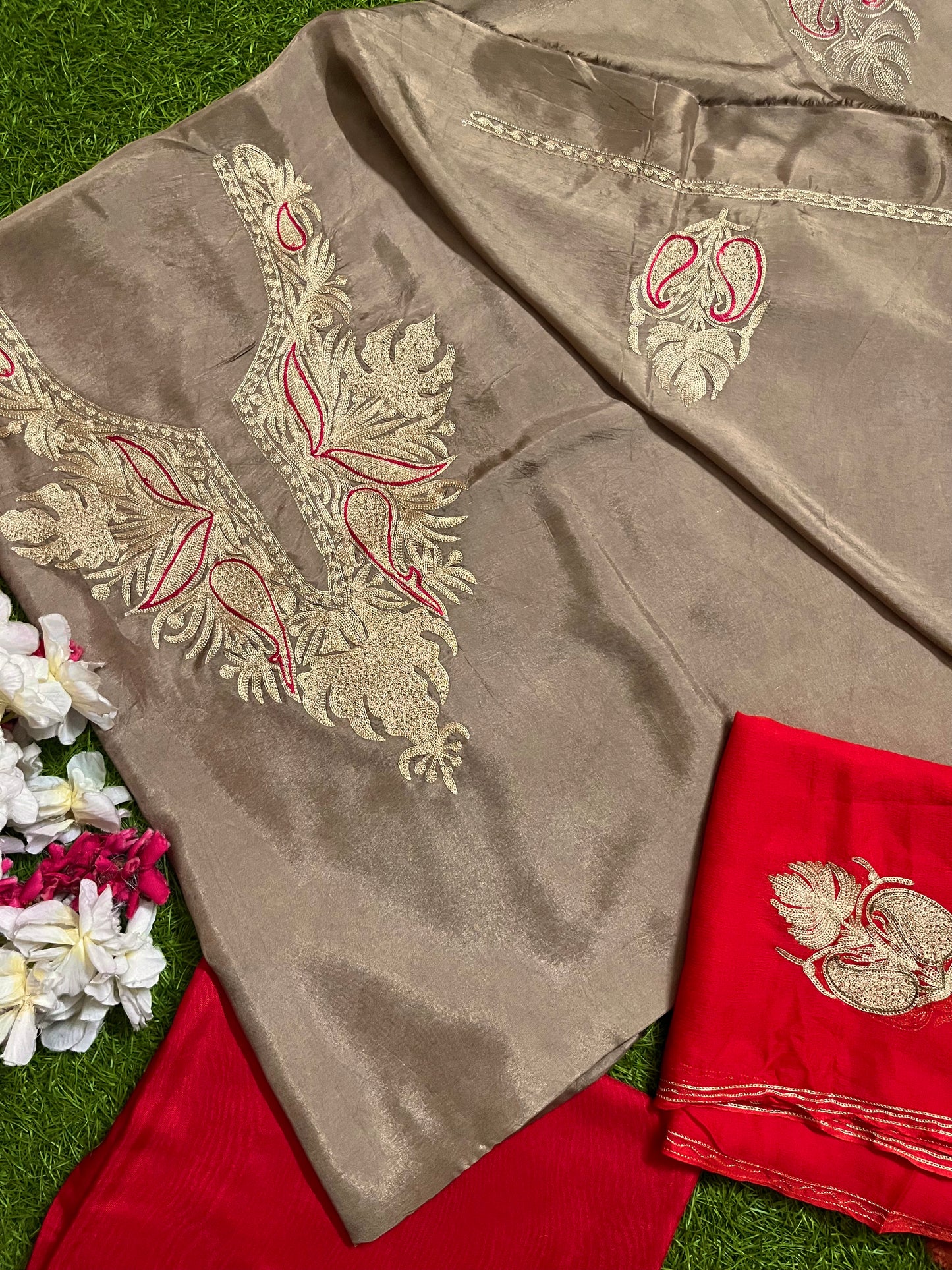 Golden Beige Silk Aari Tilla Fusion Suit