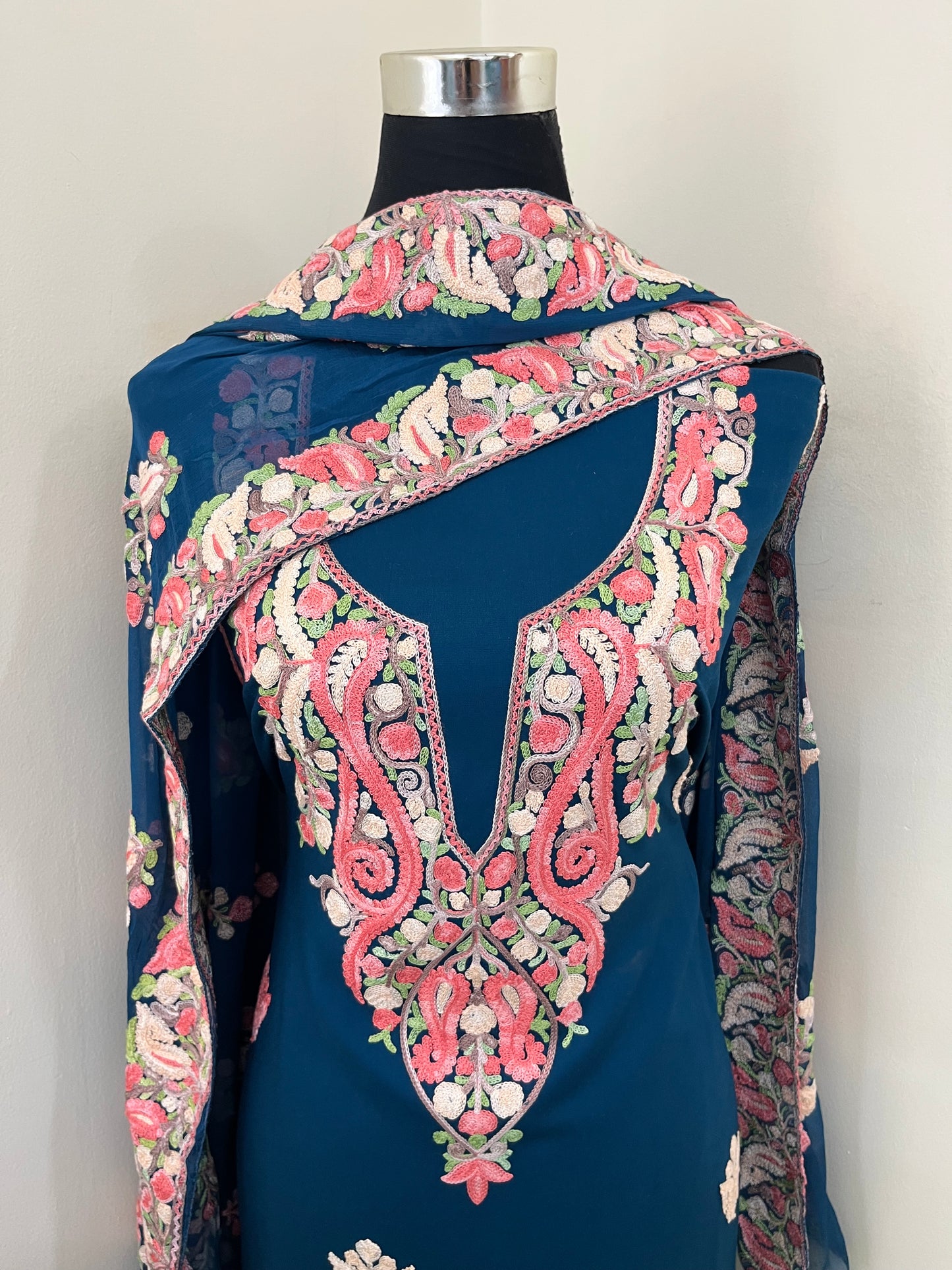 Blue Rayon Cotton Kashmiri 3pc set