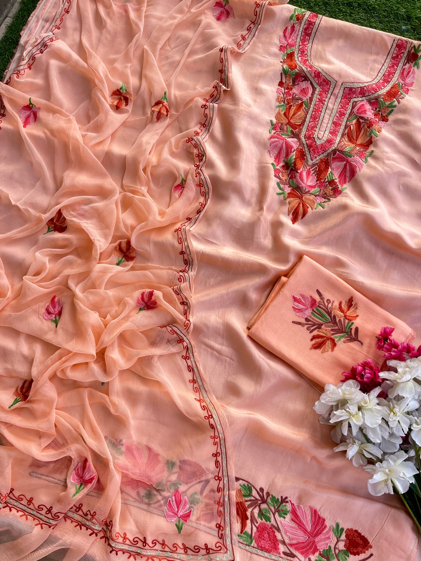 Peach Opada Silk Aari Embroidered Suit material