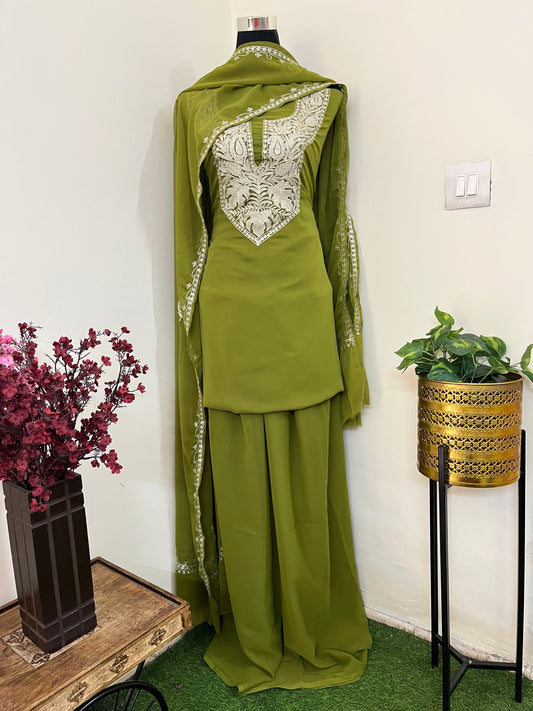 Henna green Georgette 3pc Kashmiri Tilla Suit