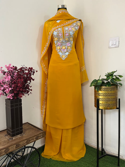 Mustard Georgette 3 Pc Aari Embroidered Suit Set