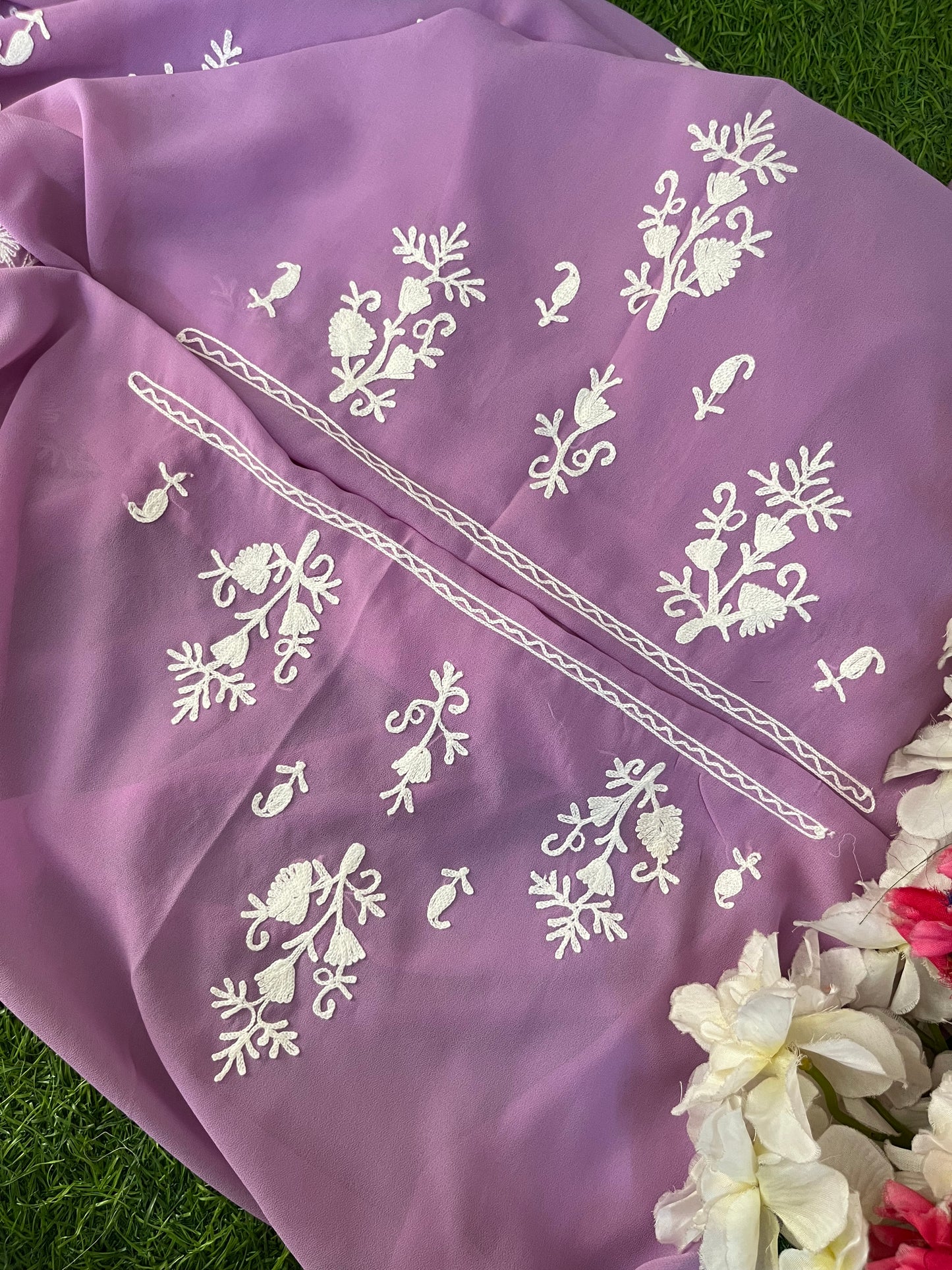 Lavender Georgette Kashmiri Unstitched Kurta Material