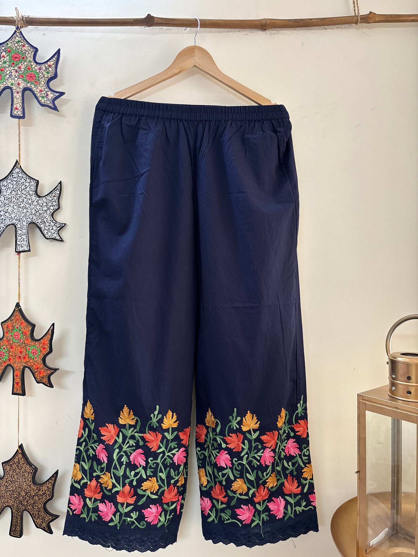 Women Navy Blue Hem Design Straight Aari Embroidered Palazzos ‘S’