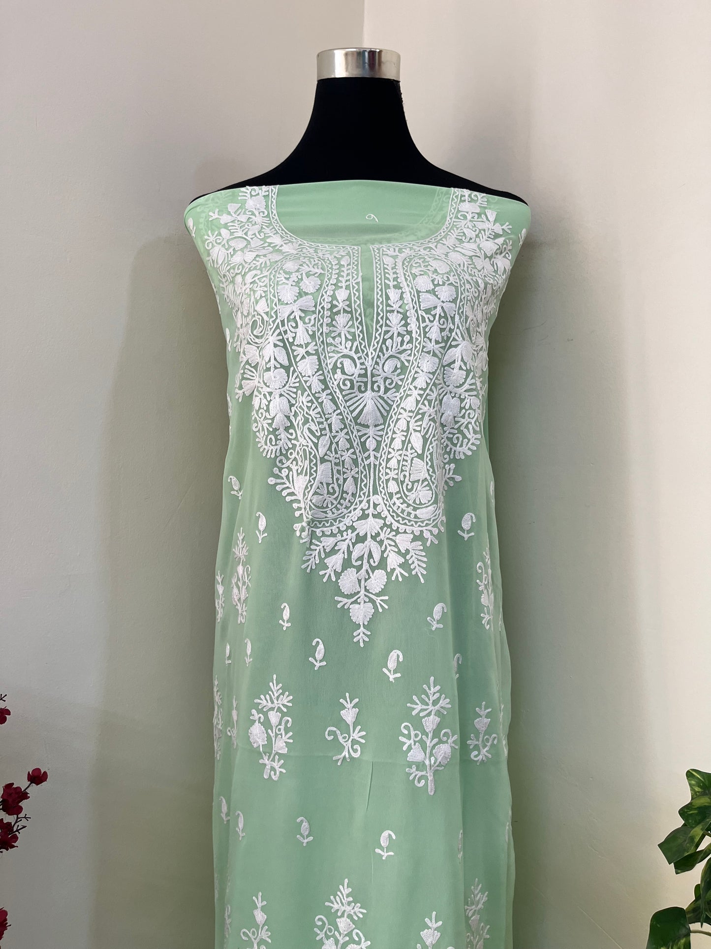 Tea Green Georgette Kashmiri Unstitched Kurta Material