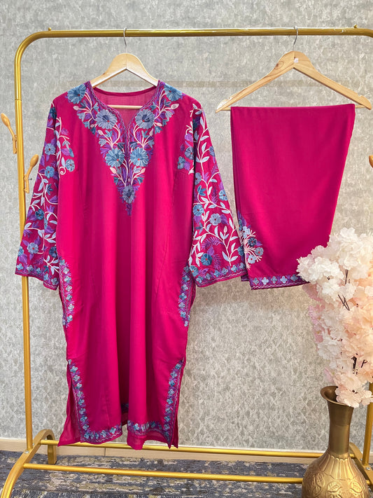 Hot Pink Cotton Arm Jaal Pheran Set