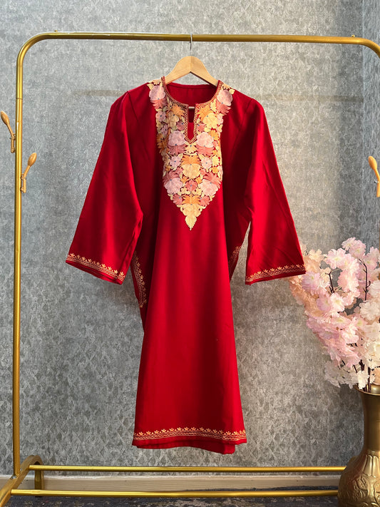 Red Aari Embroidered Wool Pheran
