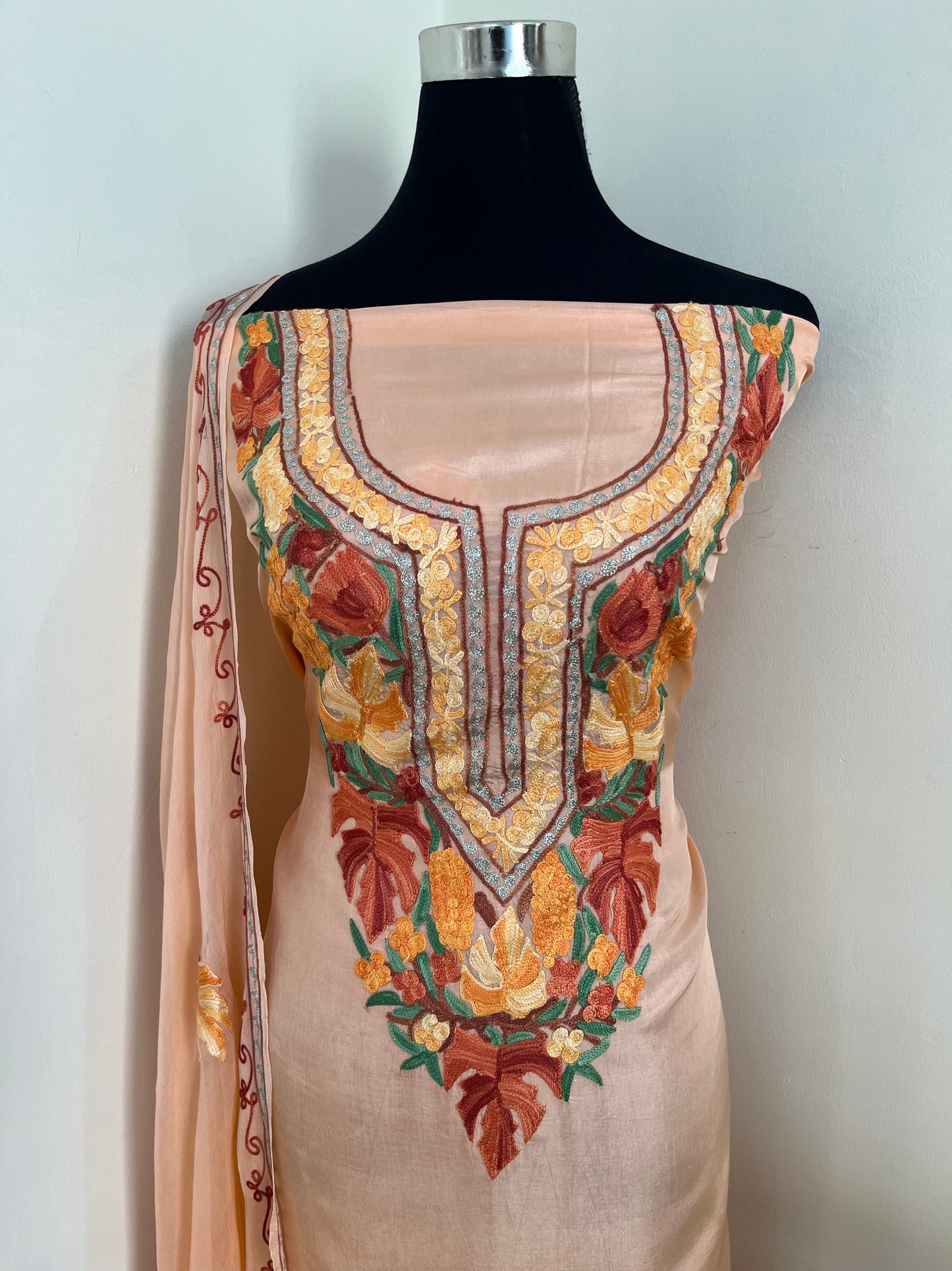 Peach Opada Silk Aari Embroidered Suit material