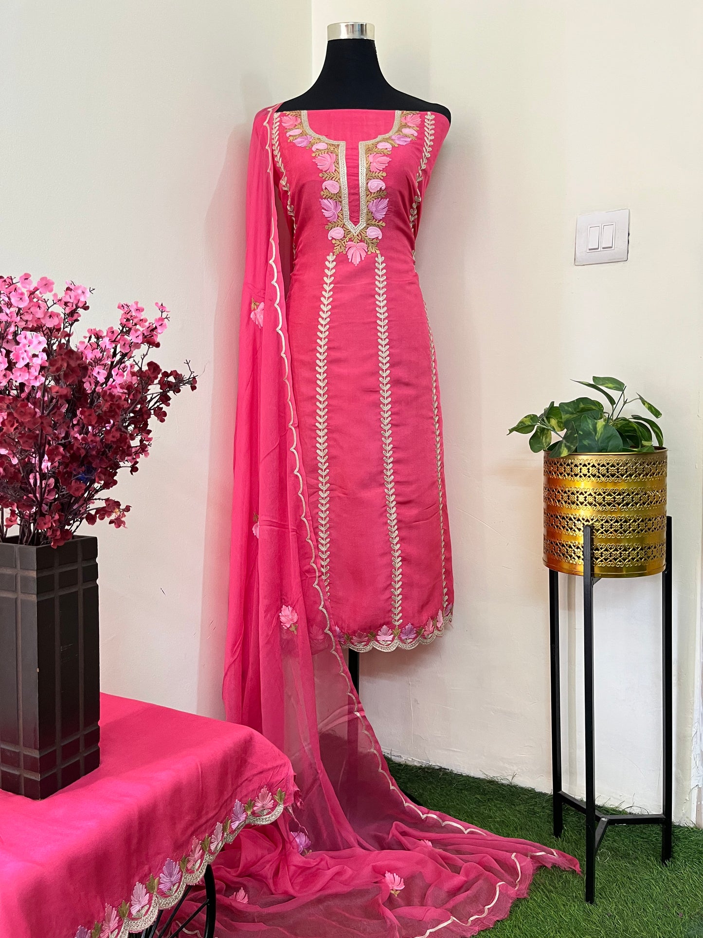 Sanam’ Candy Pink Silk Aari Embroidered Suit material