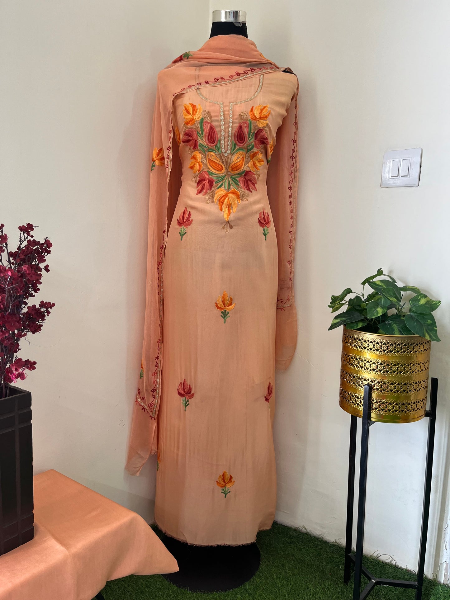 Peach Opada Silk Kashmiri Suit