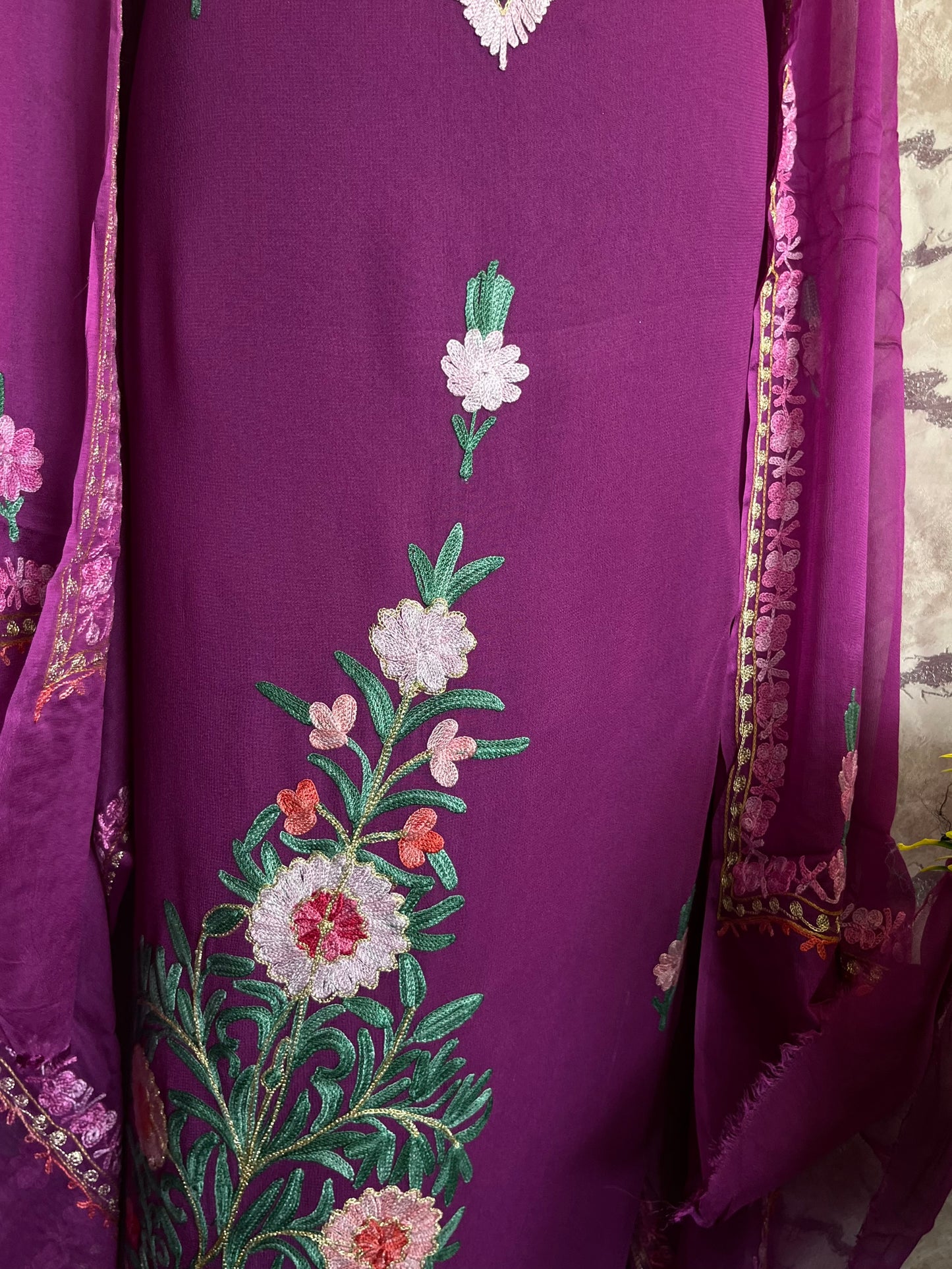 Wine Pure Georgette Aari Embroidered Suit