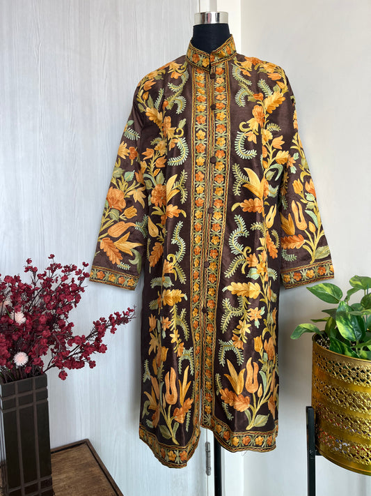 Chocolate Brown Aari Embroidered Silk Jacket