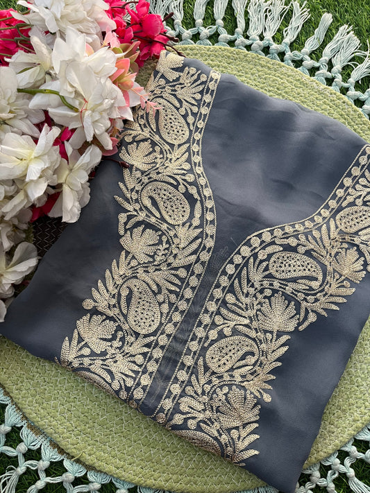 Grey Georgette Kashmiri Kurta (Unstitched)