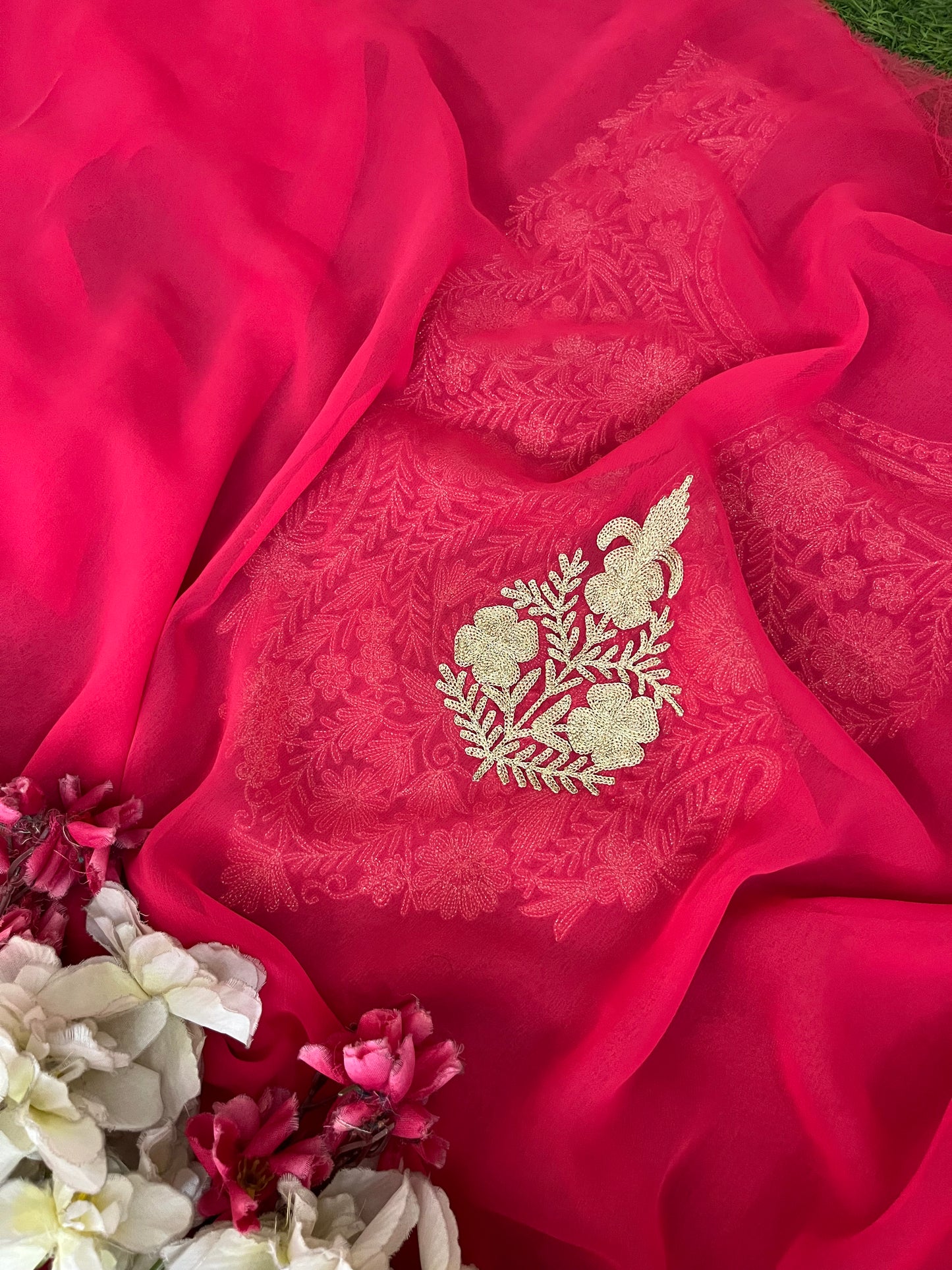 Candy Pink Georgette 3pc Kashmiri Tilla Suit