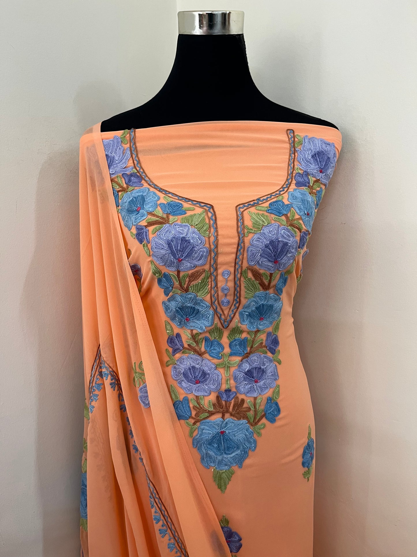 Light orange Georgette 3 Pc Aari Embroidered Suit