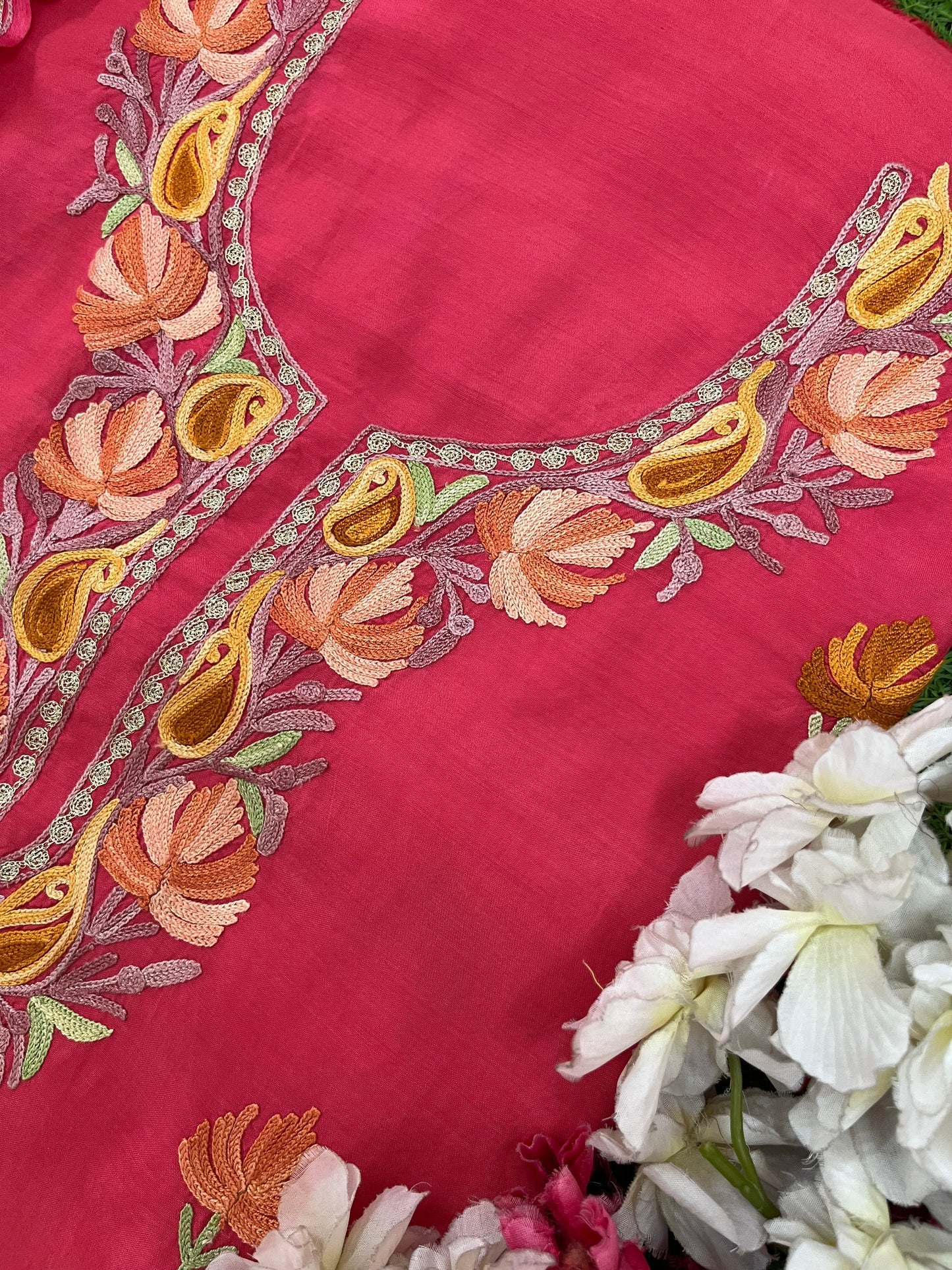Carrot Red Muslin Cotton Jaal Sleeves Kashmiri 3pc Suit