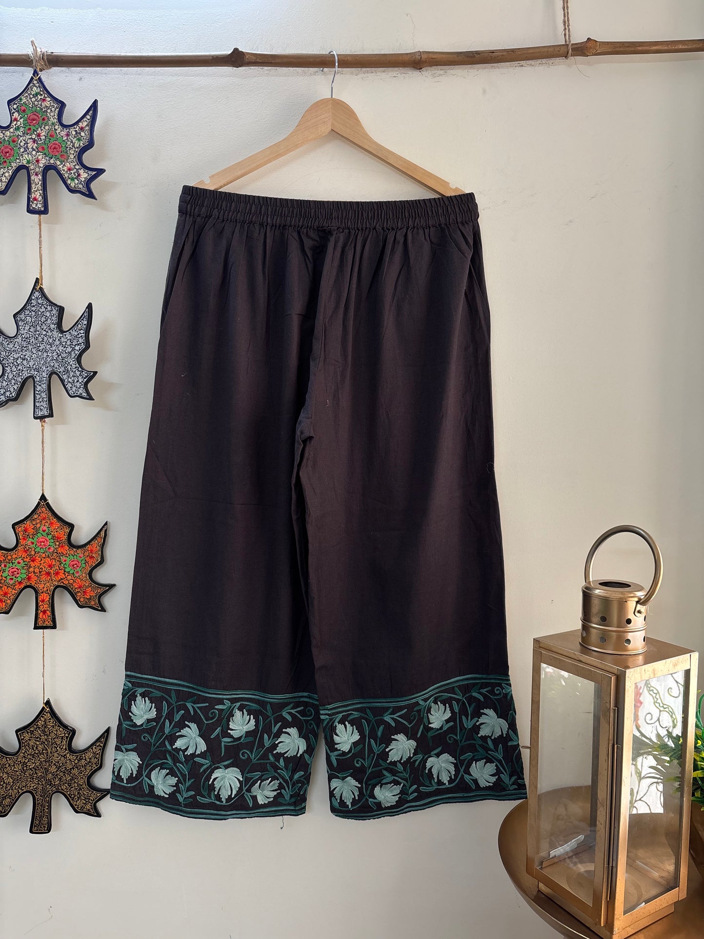Women Charcoal Grey Wide Leg Chinar Aari Embroidered Palazzos