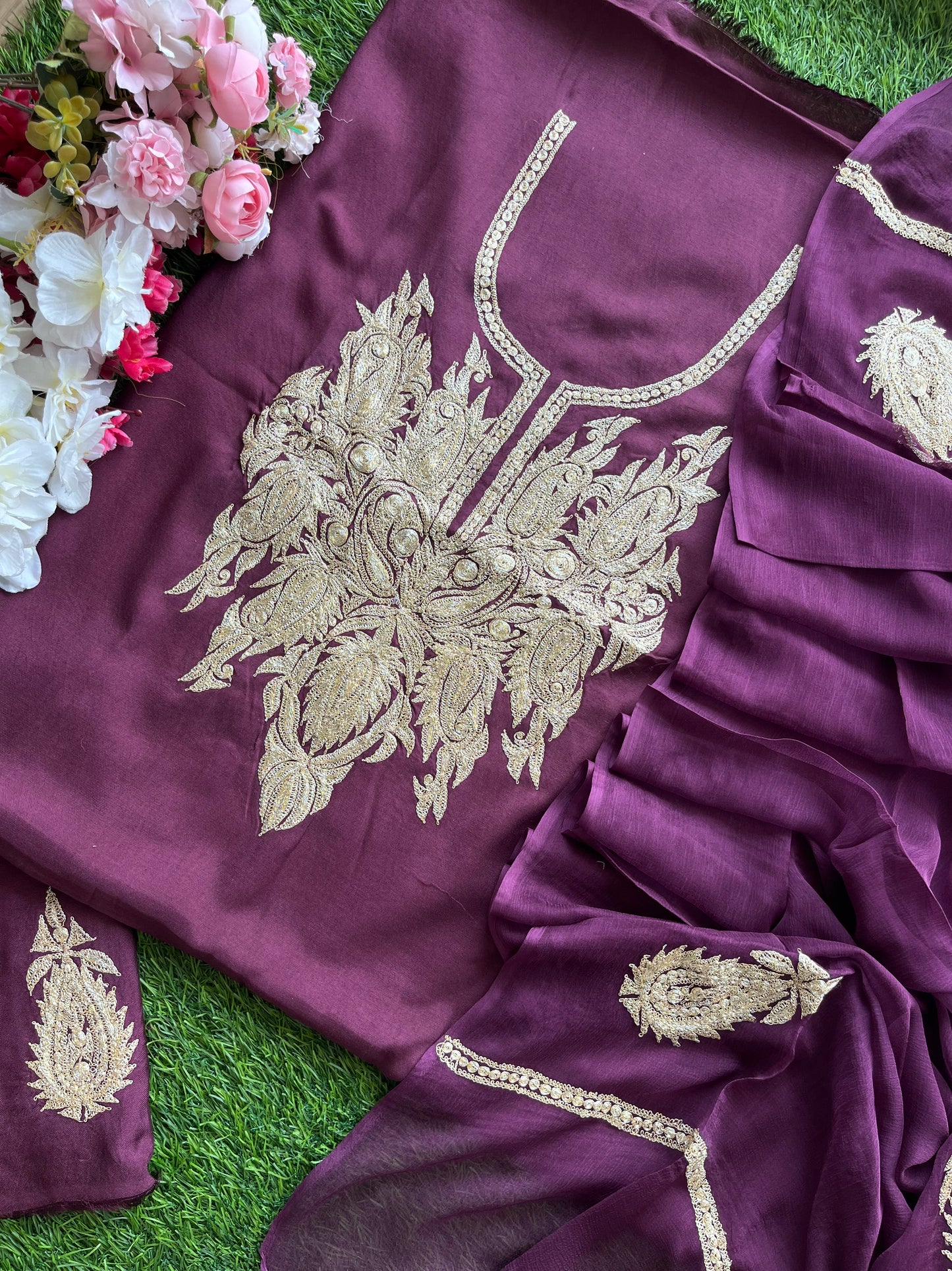 ‘Kalaa’ Wine Muslin Silk Tilla Embroidered Suit material