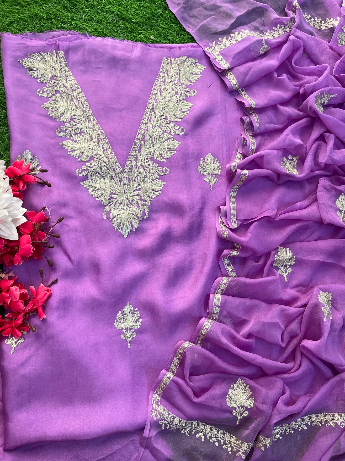 Lavender Silk Tilla Kashmiri Suit