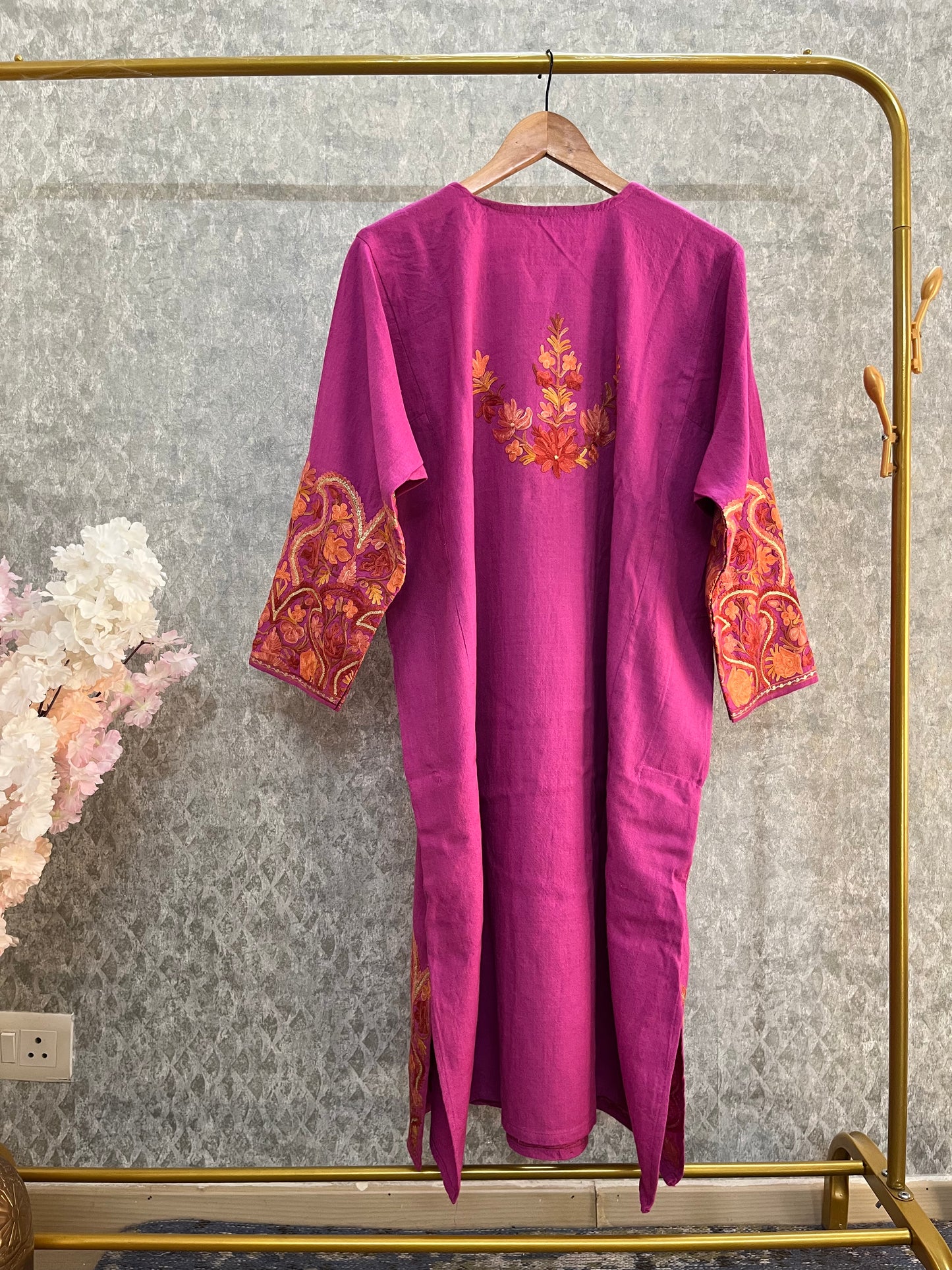 Rose Pink Aari Embroidered Wool Pheran