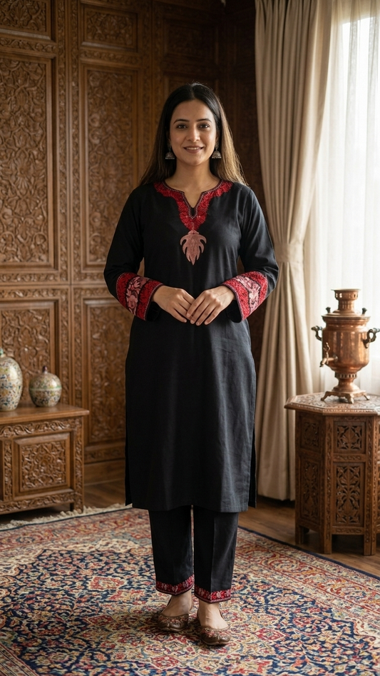 Black Cotton Embroidered Co-ord Set