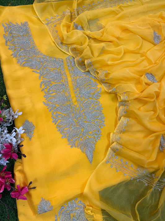 Yellow Silk Tilla Kashmiri Suit