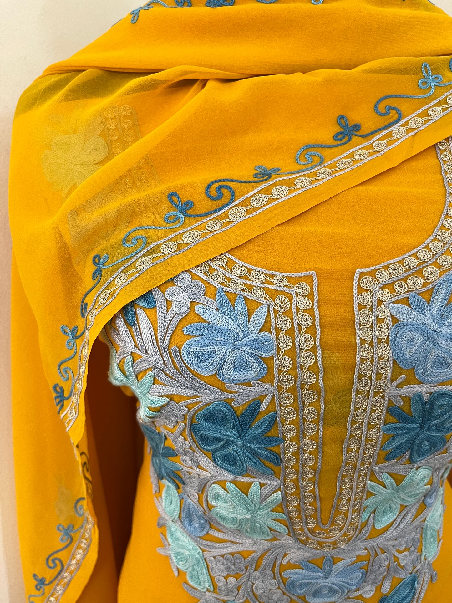 Mustard Georgette 3 Pc Aari Embroidered Suit Set