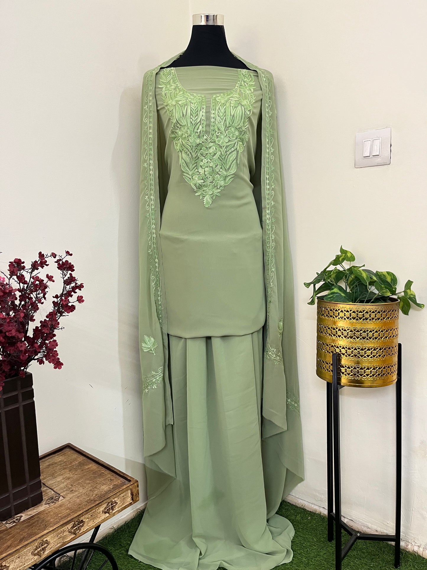 Tea green Georgette 3 Pc Aari Embroidered Suit Set