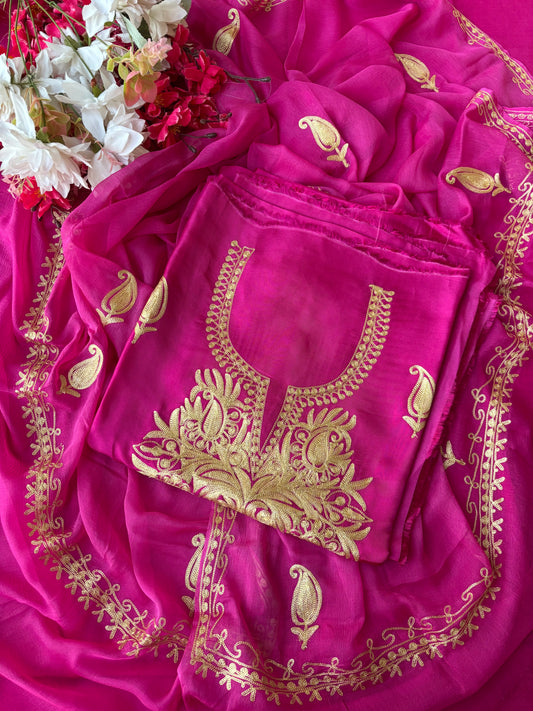 Hot Pink Silk Tilla Kashmiri Suit