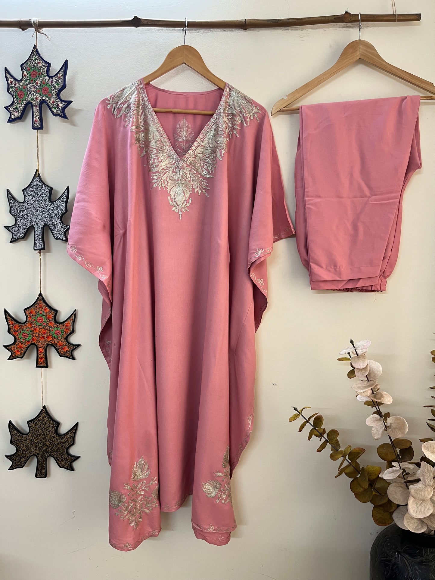 Soft Pink Rayon Cotton Kashmiri Tilla Kaftan