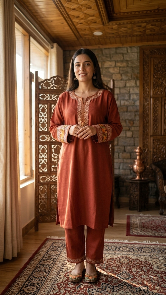 Rust Cotton Embroidered Co-ord Set