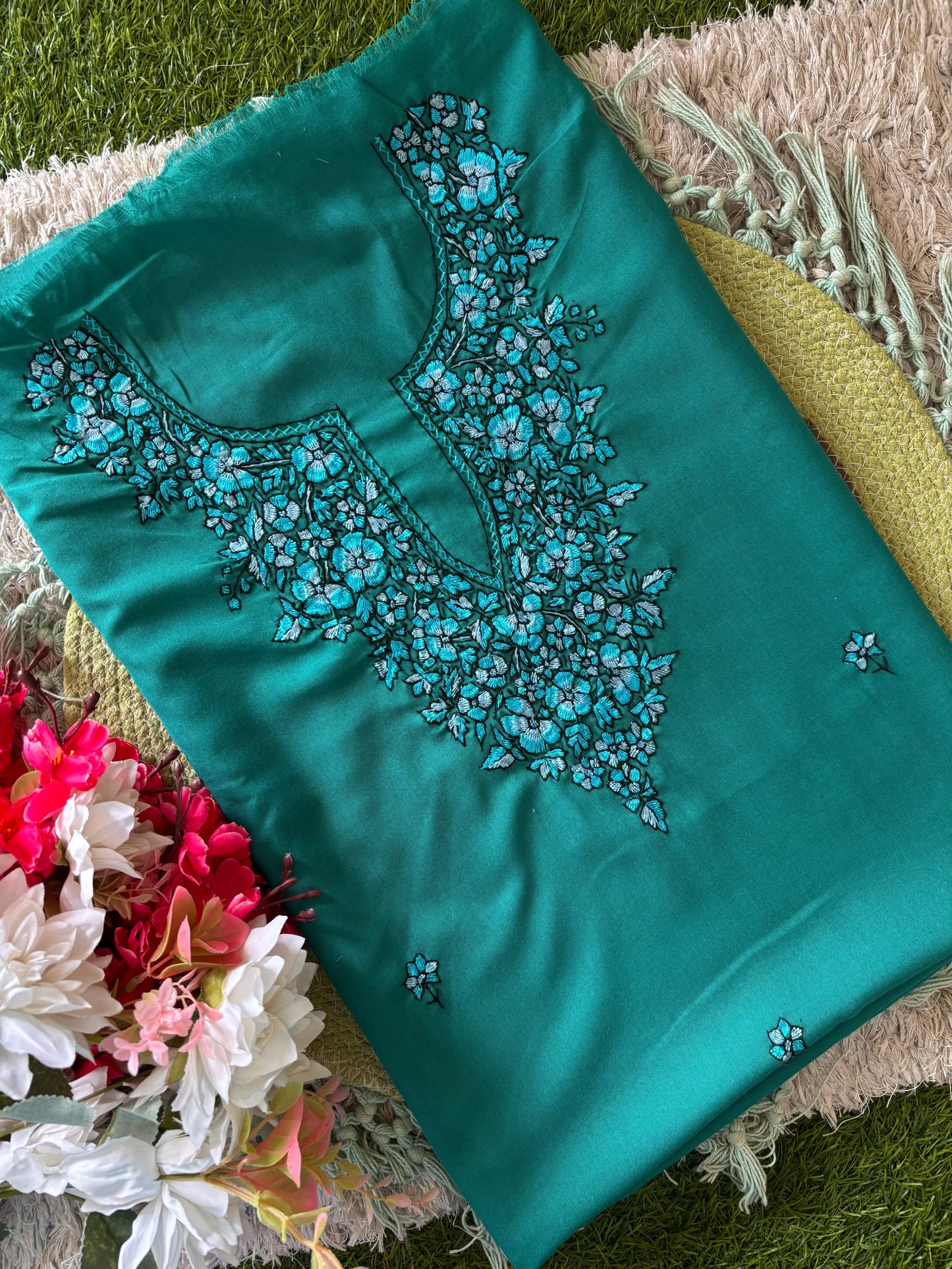 Cotton Green Needle Work Two Piece Set (Hand Embroidered)