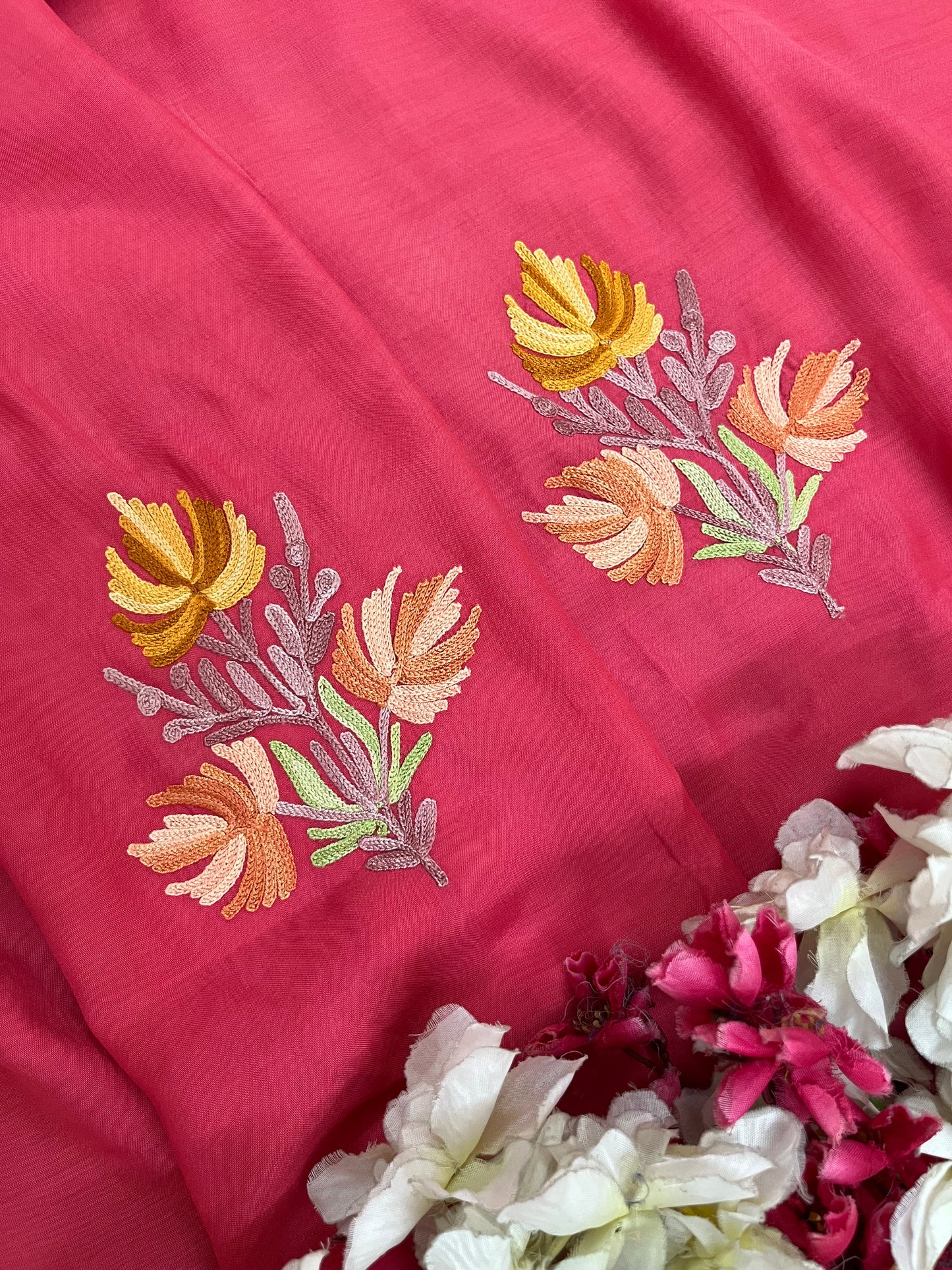 Carrot Red Muslin Cotton Jaal Sleeves Kashmiri 3pc Suit
