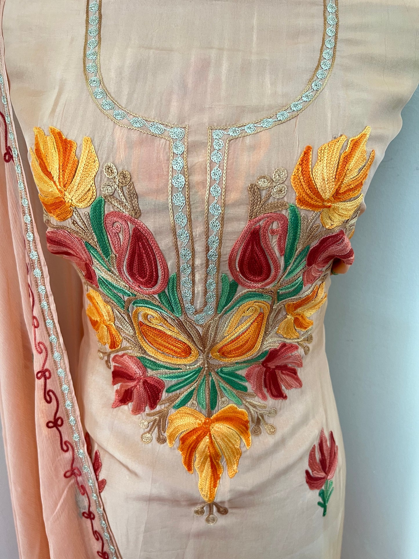 Peach Opada Silk Kashmiri Suit
