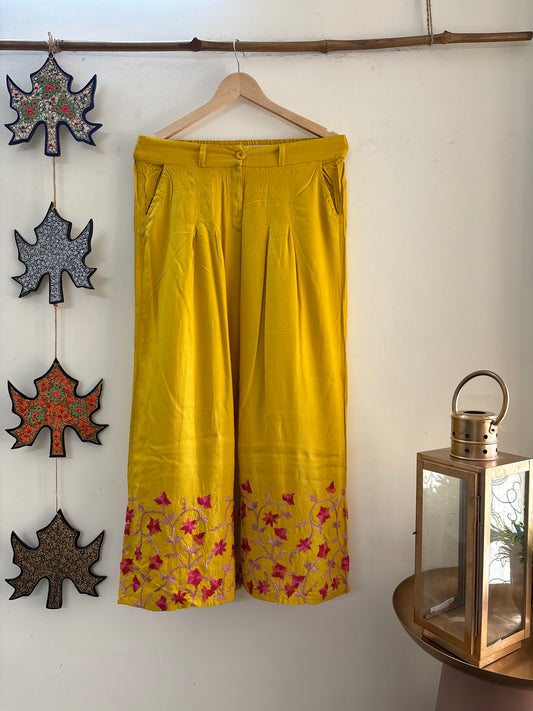 Women Mustard Yellow Aari Embroidered Palazzos