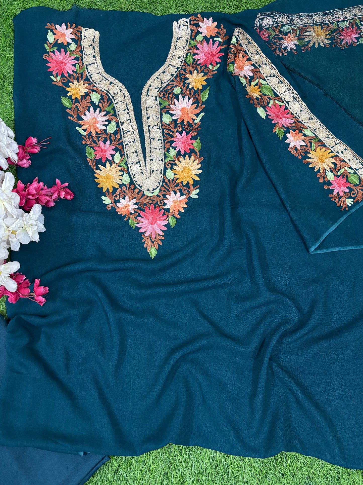 Peacock Blue Pure Georgette Kashmiri Suit
