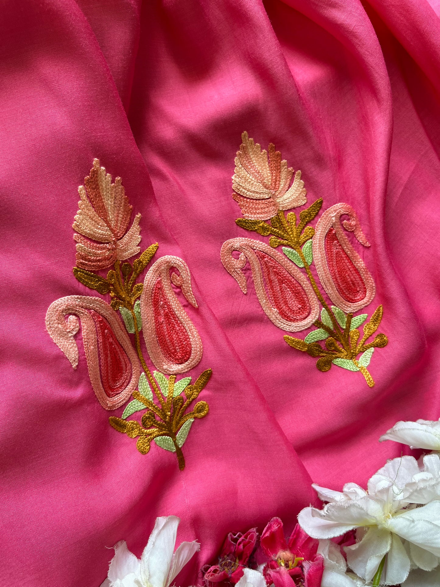 Pink Muslin Cotton Jaal Sleeves Kashmiri 3pc Suit