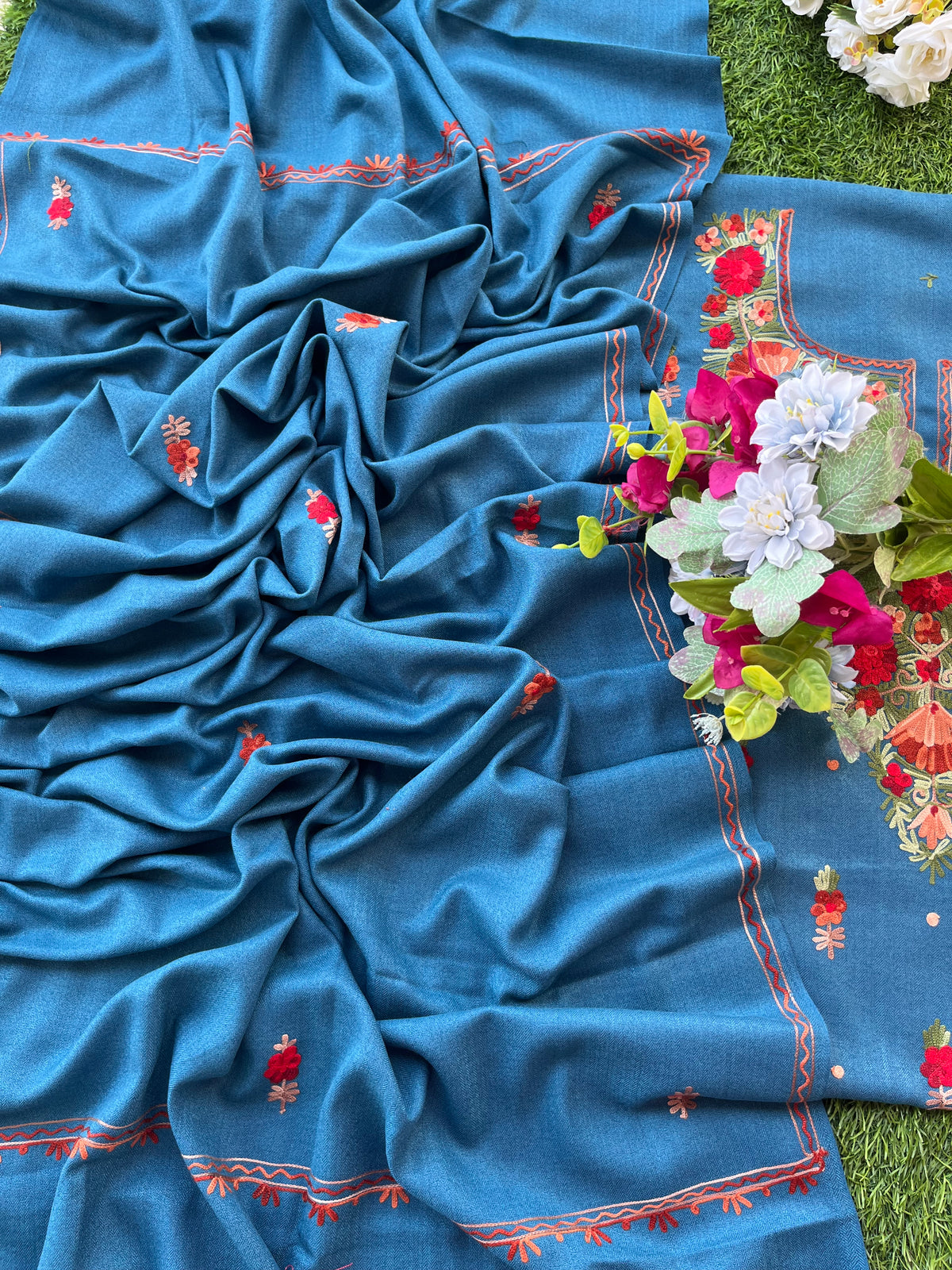 Peacock Blue Woollen Aari Embroidered 3pc suit