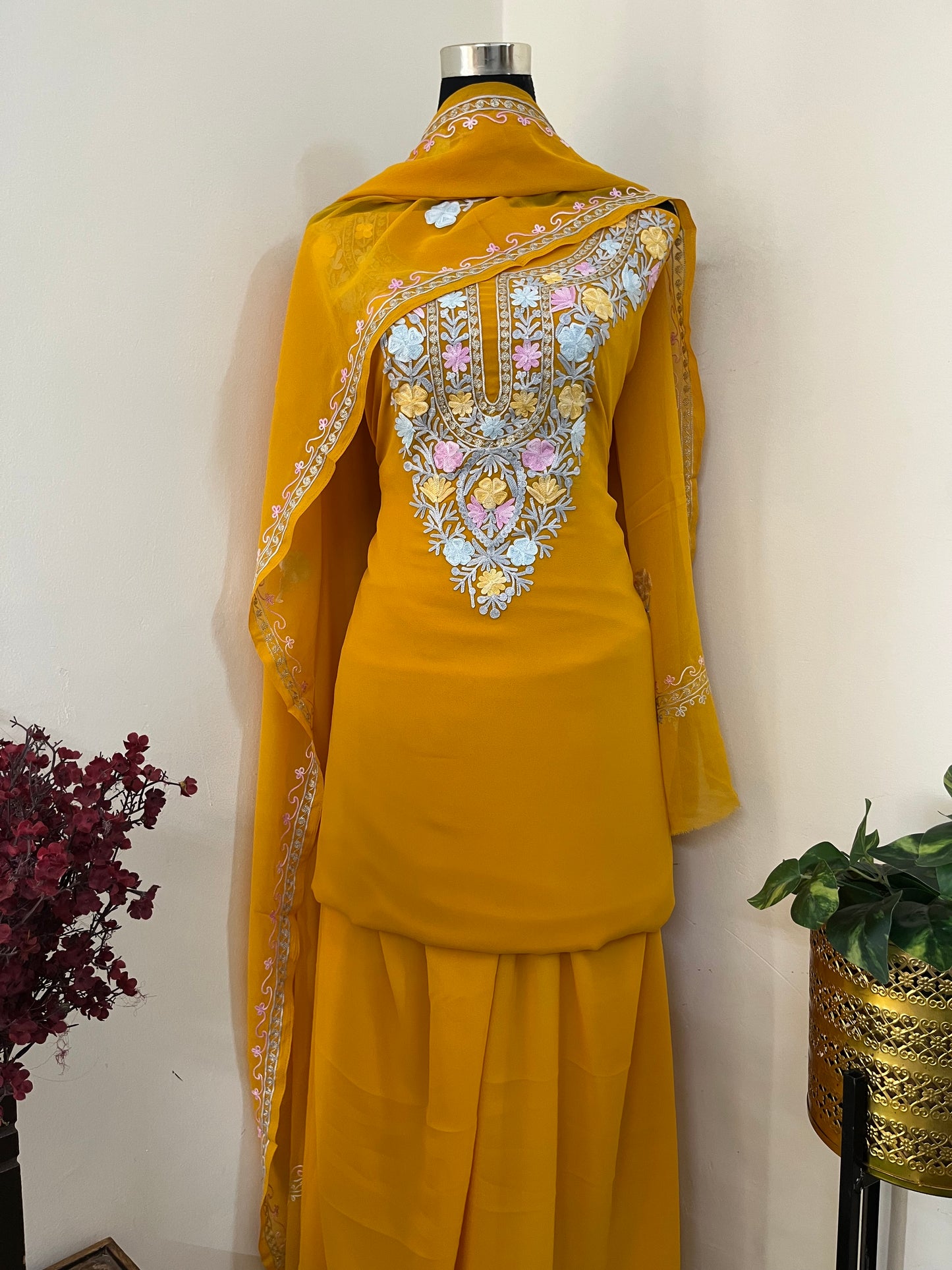 Mustard Georgette 3 Pc Aari Embroidered Suit Set