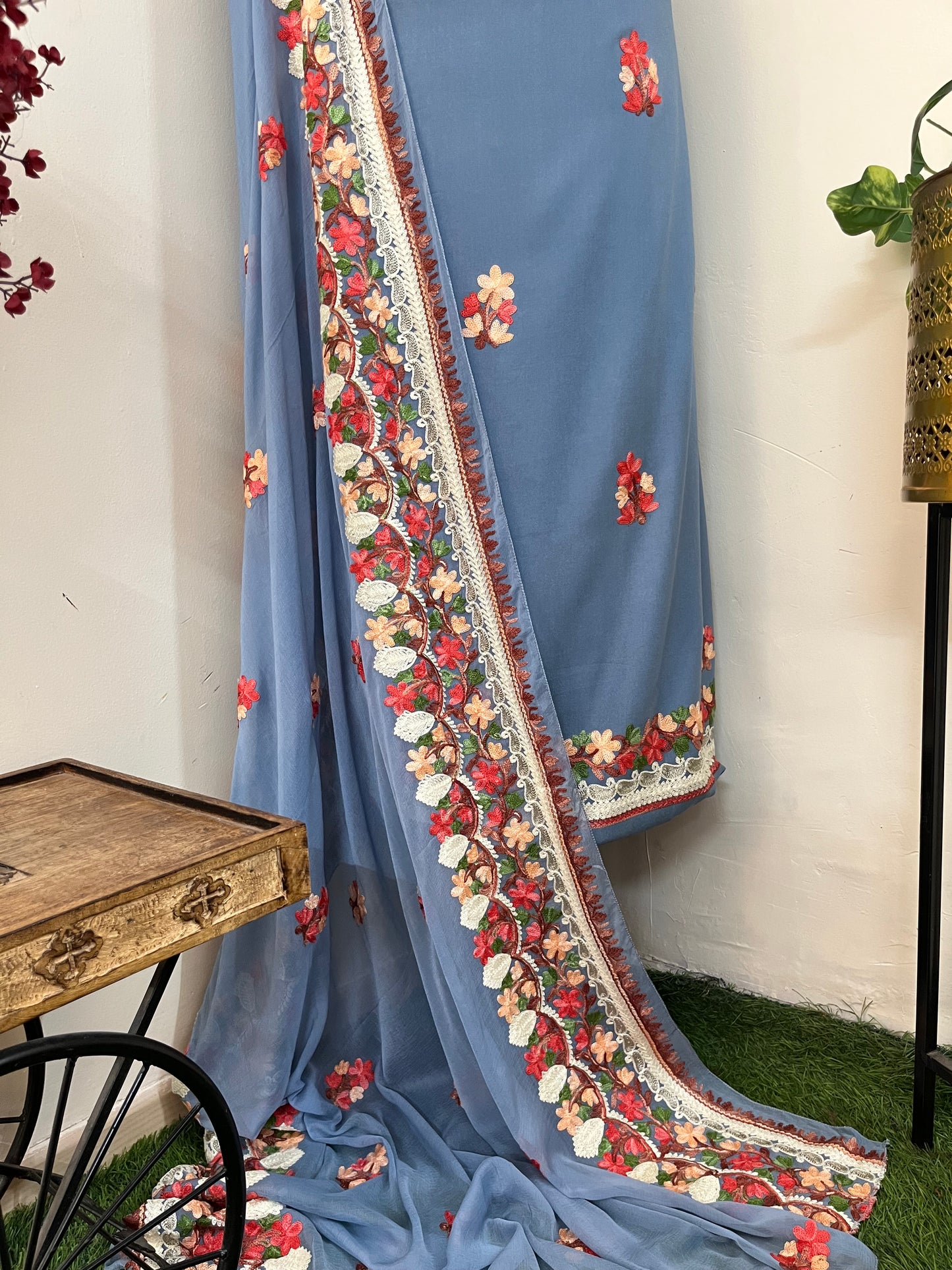 English Blue Rayon Cotton Kashmiri 3pc set