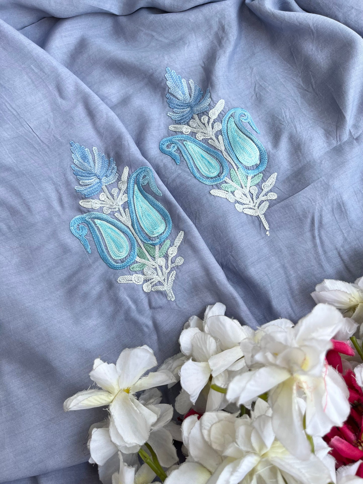 English Grey Muslin Cotton Jaal Sleeves Kashmiri 3pc Suit