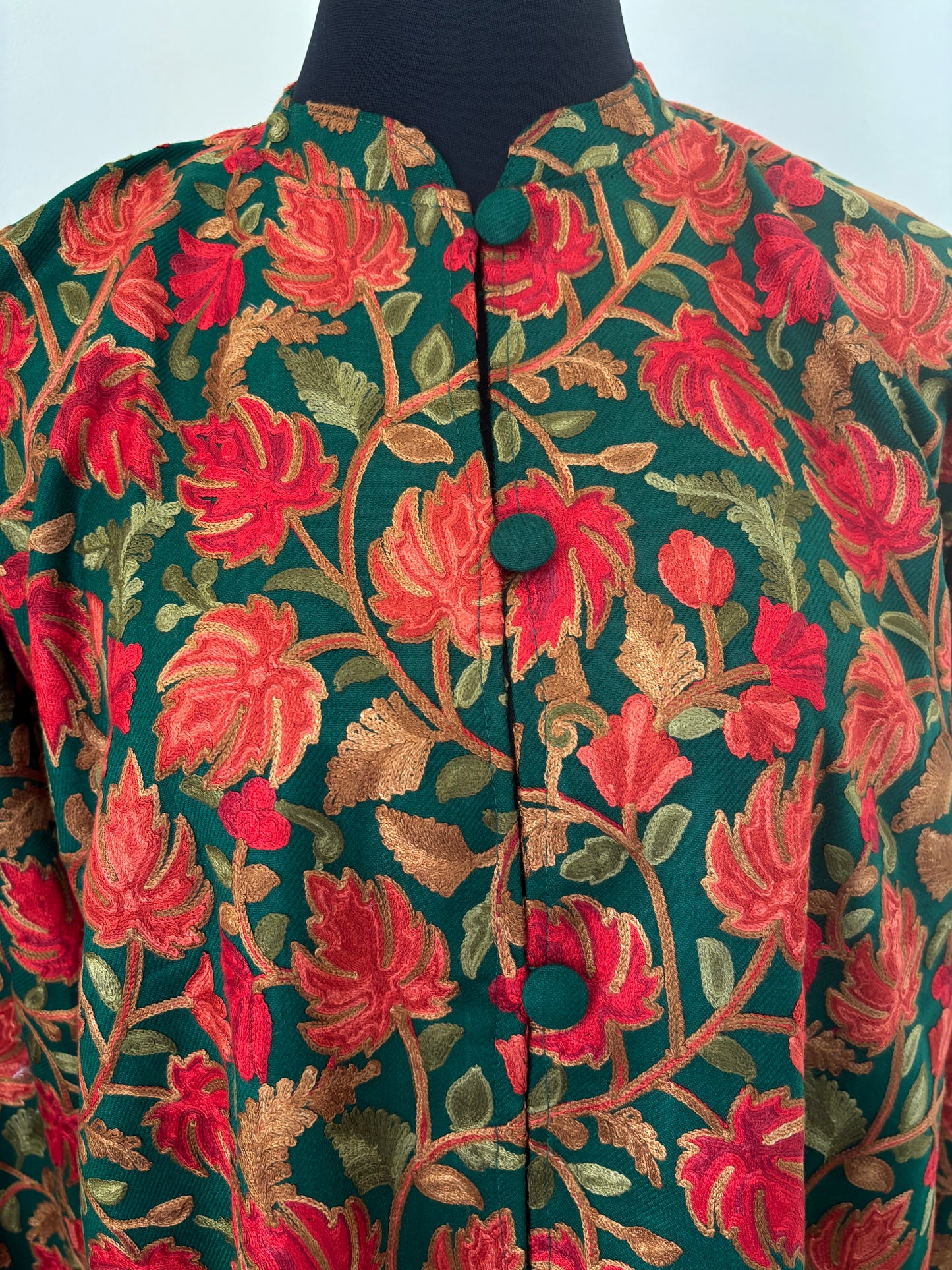 Bottle Green Aari Embroidered Pure Wool Jacket XXL