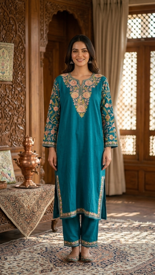 Deep Green Cotton Arm Jaal Pheran Set