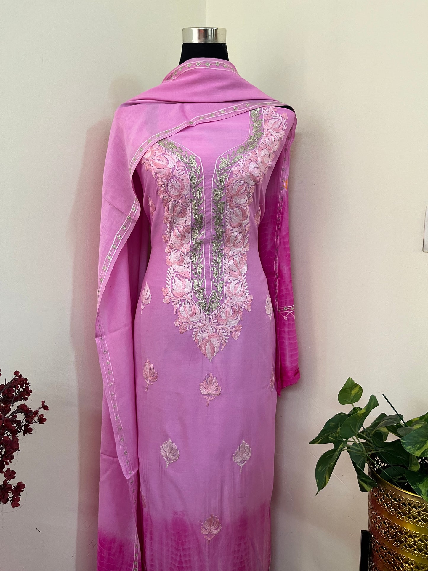 Mauve Mul Cotton Shibori Work Kashmiri 3pc Suit