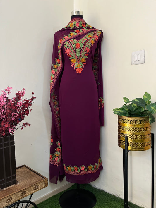 Wine Georgette 3 Pc Kashmiri Suit